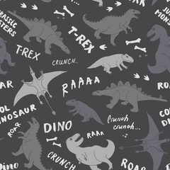 Dino Seamless Pattern, Cute Cartoon Dinosaurs Doodles Vector Illustration