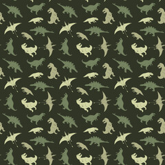 Fototapeta na wymiar Dino Seamless Pattern, Cute Cartoon Dinosaurs Doodles Vector Illustration