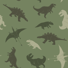 Dino Seamless Pattern, Cute Cartoon Dinosaurs Doodles Vector Illustration