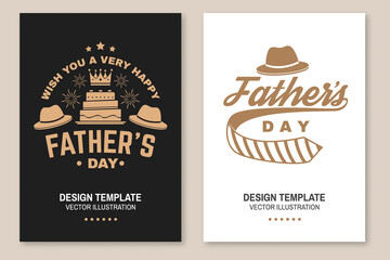 Wish you a very happy Father's Day badge, logo design. Vector illustration. Flyer, brochure, banner, poster for Father's Day Designs with crown, retro hat, firework, hipster hat, tie and cake.