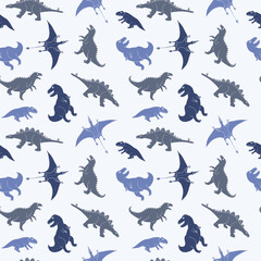 Dino Seamless Pattern, Cute Cartoon Dinosaurs Doodles Vector Illustration