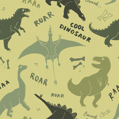 Dino Seamless Pattern, Cute Cartoon Dinosaurs Doodles Vector Illustration