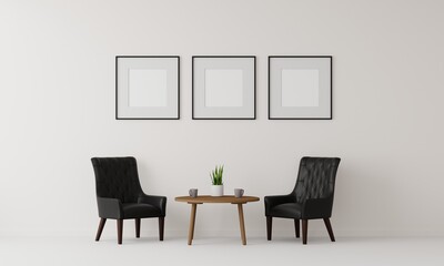 Fototapeta premium Blank picture frame mockup in modern interior living room, minimal style. 3D rener illustration.