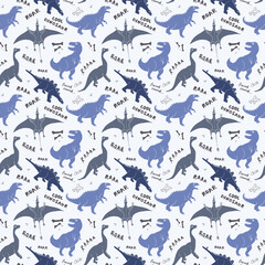 Dino Seamless Pattern, Cute Cartoon Dinosaurs Doodles Vector Illustration