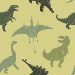 Dino Seamless Pattern, Cute Cartoon Dinosaurs Doodles Vector Illustration