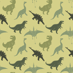 Dino Seamless Pattern, Cute Cartoon Dinosaurs Doodles Vector Illustration