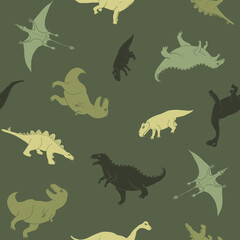 Dino Seamless Pattern, Cute Cartoon Dinosaurs Doodles Vector Illustration