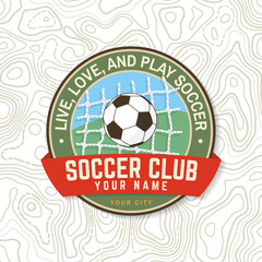 Soccer, football club patch design. Vector illustration. For college league football club sign, logo. Vintage monochrome label, sticker, patch with soccer ball silhouettes.