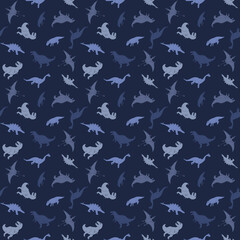 Dino Seamless Pattern, Cute Cartoon Dinosaurs Doodles Vector Illustration