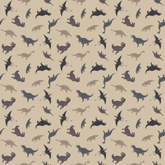 Dino Seamless Pattern, Cute Cartoon Dinosaurs Doodles Vector Illustration