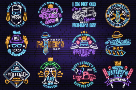 Set of Happy Father's Day badge, logo Neon sign. Vector illustration. Vintage style Father's Day Designs with retro car , mustache and glasses of champagne bright signboard, light banner.