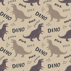 Dino Seamless Pattern, Cute Cartoon Dinosaurs Doodles Vector Illustration
