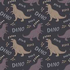 Dino Seamless Pattern, Cute Cartoon Dinosaurs Doodles Vector Illustration