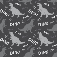 Dino Seamless Pattern, Cute Cartoon Dinosaurs Doodles Vector Illustration