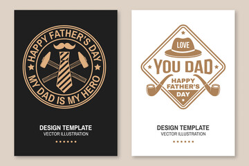 Set of Have a very Happy Father's Day badge, logo design. Vector illustration. Flyer, brochure, banner, poster for Father's Day Designs with father hat, tie, mustache, screwdriver, hammer and smoking