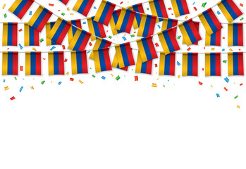 Armenia flag garland white background with confetti, Hang bunting for Armenia independence day celebration template banner, Vector illustration