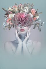 Abstract art collage of young woman with flowers - obrazy, fototapety, plakaty