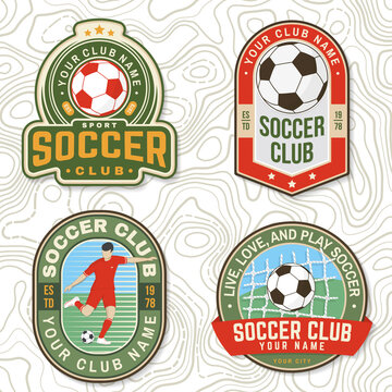 Set of soccer, football club patch design. Vector illustration. For football club sign, logo. Vintage color label, sticker, patch, goalkeeper and gate with soccer and football player silhouettes.