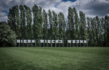 Inscription "NIGDY WIĘCEJ WOJNY" (war: never again), Westerplatte, Gdańsk, Poland