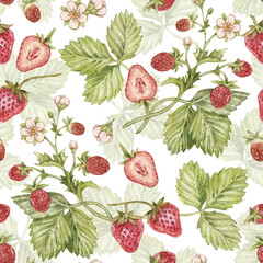 Watercolor seamless pattern with vintage strawberry branch with berries, leaves and flowers. Isolated on white.