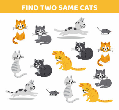 Cats. Find two same pictures. Game for children. Flat, cartoon, vector