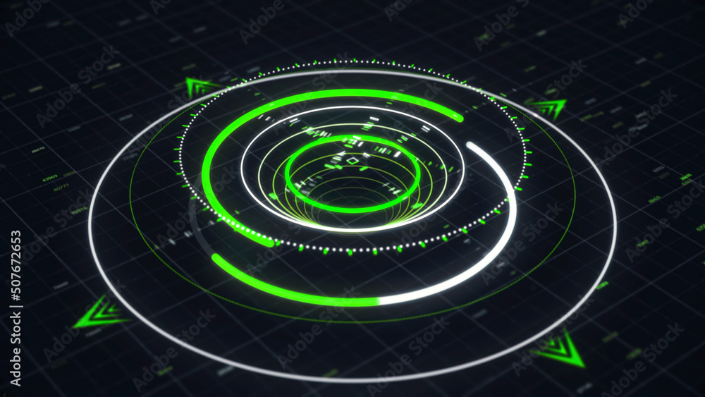 Poster abstract 3d circular graph resembling a modern compass with several narrow arrows and digits on the 