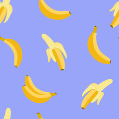 Plakat Banana seamless patterns. Peeled banana on purple. Flat, vector