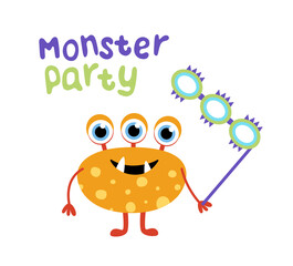 Monster party. Jolly orange three-eyed monster with carnival mask. Flat, cartoon, vector