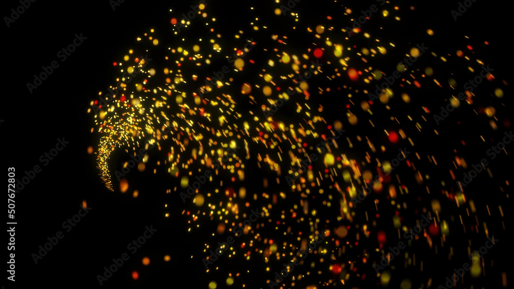 Poster beautiful abstract animation of magic multicolored particles scattering, floating and shimmering on 