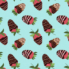 Seamless pattern with strawberry in dark chocolate, sprinkle. Vector, flat