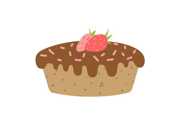 Cake with chocolat glazee, sprinkle, strawberry. Pie. Flat, cartoon, isolated