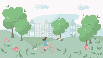 Cute cityscape with trees and flowers. Silhouettes of houses on the background of the suburbs vector design. Flat design with a beautiful, summer city park and a girl on a bike. Delicate green shade