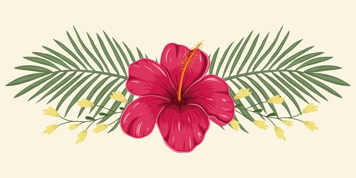 Tropical design element with flower hibiscus and leaves palm. Vector on a light background