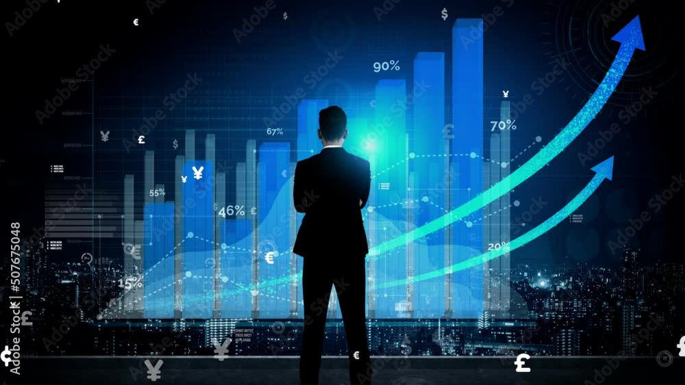 Poster double exposure image of business and finance conceptual - businessman with report chart up forward 