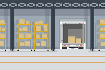 a large warehouse with goods for the delivery of boxes of parcels of goods on the shelves
