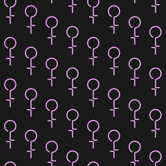 Pink female gender symbols on black background seamless pattern. Minimalistic trendy contemporary design. Best for textile, wallpapers, wrapping paper, package and festive decoration.