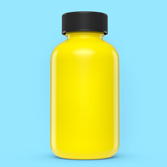 Yellow plastic jar for sport nutrition whey protein powder isolated on blue