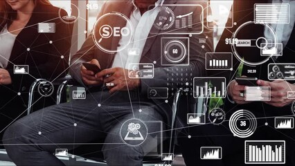 SEO - Search Engine Optimization for Online Marketing conceptual . Modern graphic interface showing symbol of keyword research web promotion by optimize customer search and analyze market strategy.