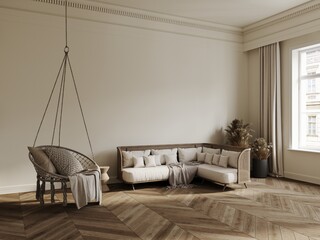 Living room in classical style mockup with wooden floor, white walls, curtains, chair, table, vases and window 3d render