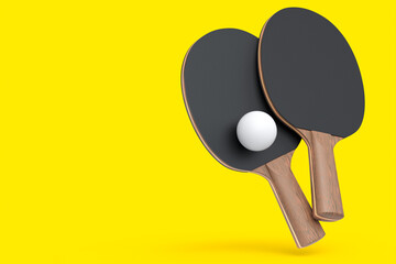 Pair of ping pong rackets for table tennis with ball isolated on yellow