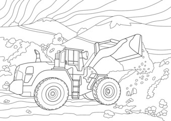 Coloring page antistress excavator digs the ground against the backdrop of mountains. Transport, construction equipment. Coloring book for boys