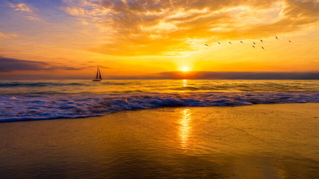 Sunset Ocean Sailboat Illustration Painting