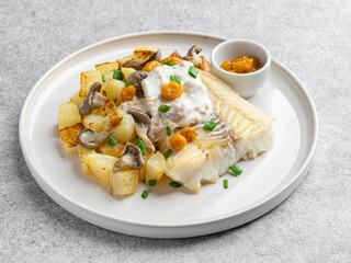 Fried cod fillet served with baked potato and grilled mushrooms, yellow berries and cloudberry sauce. Delicious food. Hot dinner or lunch. White background.