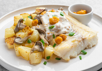 Fried cod fillet served with baked potato and grilled mushrooms, yellow berries and cloudberry sauce. Delicious food. Hot dinner or lunch. White background.