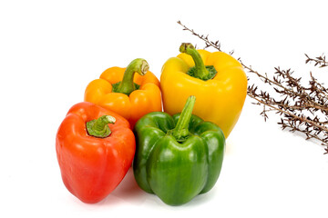 Capsicum - Bell Pepper green, red, orange, yellow isolated in plain extendable background, macro detailing, studio lighting, with ample copy space all around. 