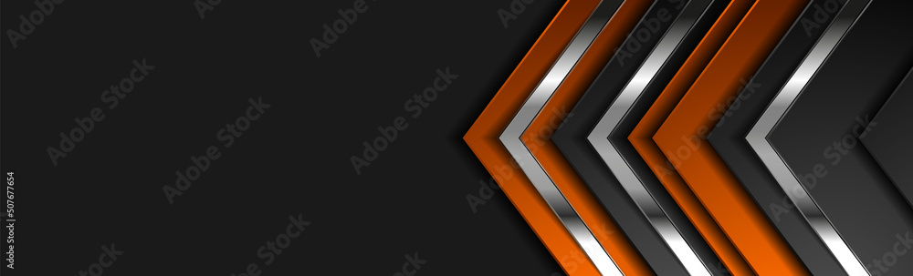 Poster technology banner design with metallic silver arrows. abstract geometric black and orange vector bac