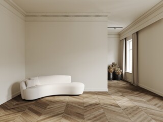 Living room in classical style mockup with wooden floor, white walls, curtains, vases and window 3d render