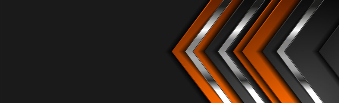 Technology banner design with metallic silver arrows. Abstract geometric black and orange vector background