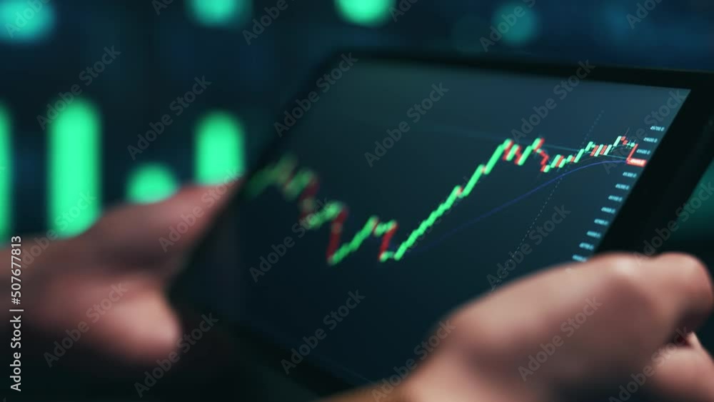 Poster stock market candles and information of exchange with data of price on the tablet screen. financial 