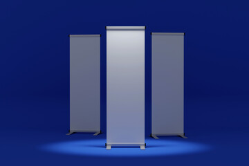 Display Banner Standee Backdrop for trade show advertising stand with LED OR Halogen Light with standees and counter. 3d rendering